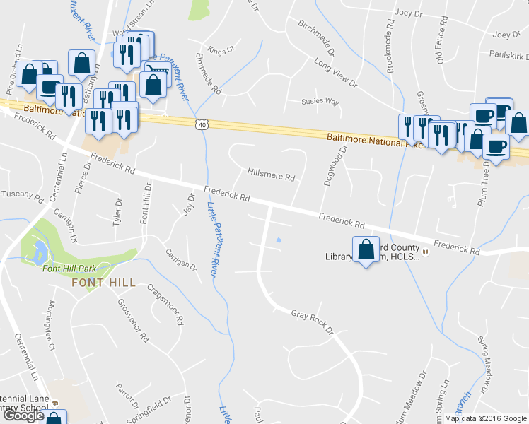 map of restaurants, bars, coffee shops, grocery stores, and more near 3500 Rhode Valley Trail in Ellicott City