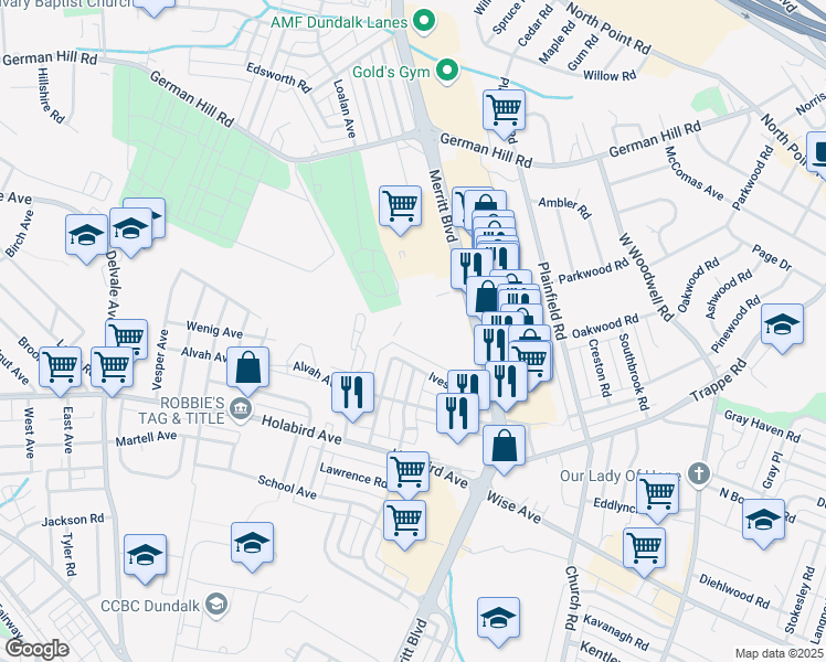 map of restaurants, bars, coffee shops, grocery stores, and more near 1500 Merritt Boulevard in Dundalk