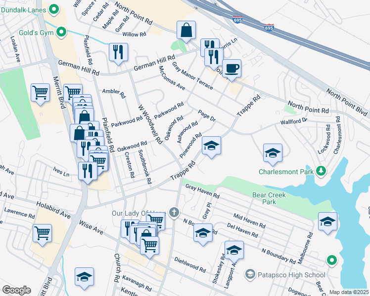 map of restaurants, bars, coffee shops, grocery stores, and more near 235 Pinewood Road in Dundalk