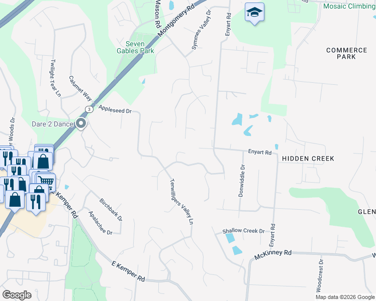 map of restaurants, bars, coffee shops, grocery stores, and more near 8984 Terwilligersridge Drive in Cincinnati
