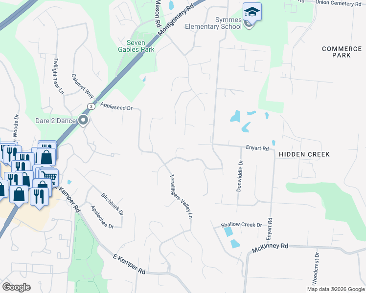 map of restaurants, bars, coffee shops, grocery stores, and more near 8984 Terwilligersridge Drive in Cincinnati
