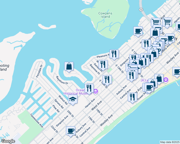 map of restaurants, bars, coffee shops, grocery stores, and more near 32 West 16th Street in Ocean City
