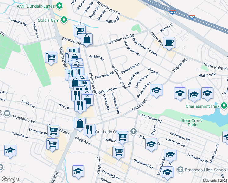 map of restaurants, bars, coffee shops, grocery stores, and more near 2703 Southbrook Road in Dundalk