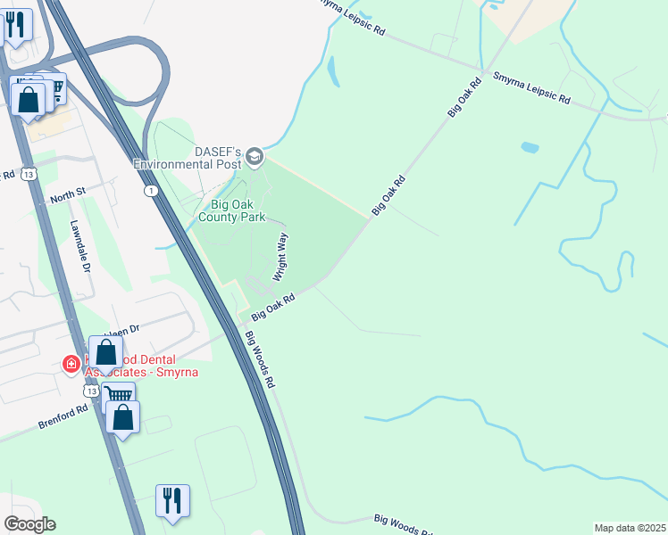 map of restaurants, bars, coffee shops, grocery stores, and more near 585 Big Oak Road in Smyrna