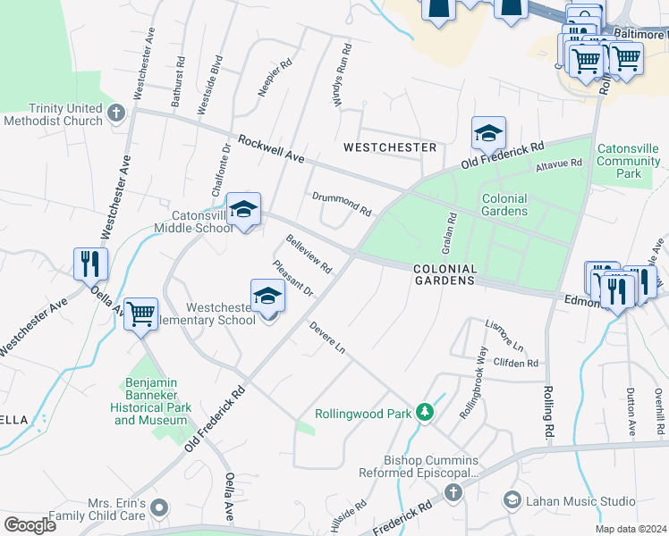 map of restaurants, bars, coffee shops, grocery stores, and more near 2206 Old Frederick Road in Catonsville