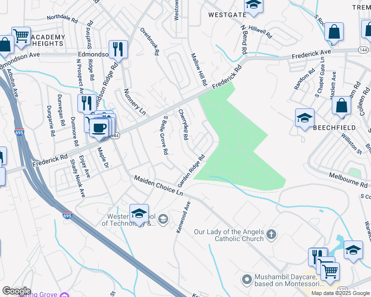 map of restaurants, bars, coffee shops, grocery stores, and more near 182 Cherrydell Road in Catonsville