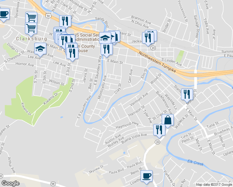 map of restaurants, bars, coffee shops, grocery stores, and more near 313 Clay Street in Clarksburg