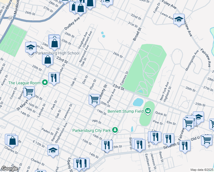 map of restaurants, bars, coffee shops, grocery stores, and more near 2112 Liberty St in Parkersburg