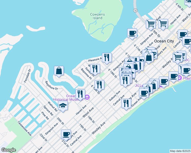 map of restaurants, bars, coffee shops, grocery stores, and more near 5 Bayonne Place in Ocean City