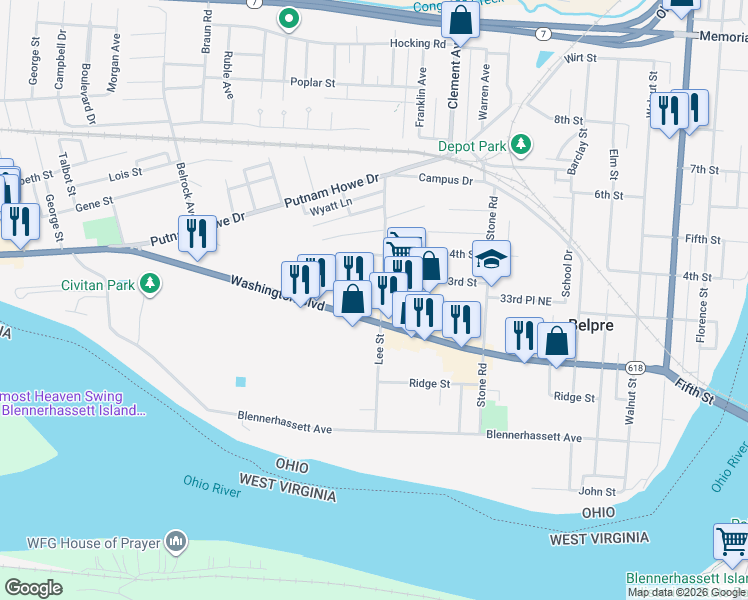 map of restaurants, bars, coffee shops, grocery stores, and more near 1100 Washington Blvd in Belpre