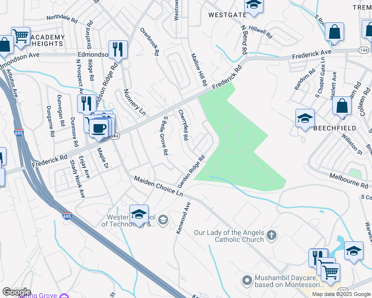 map of restaurants, bars, coffee shops, grocery stores, and more near 182 Cherrydell Road in Catonsville