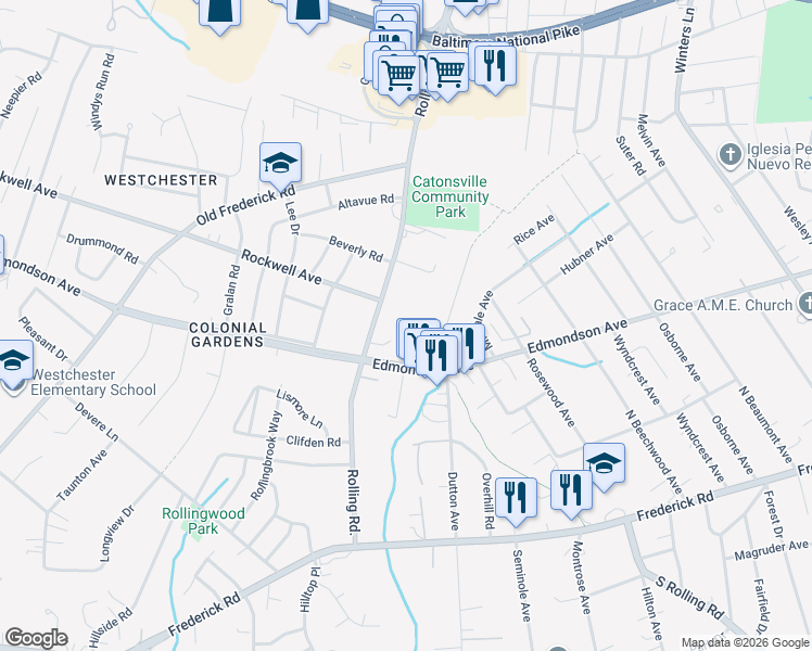 map of restaurants, bars, coffee shops, grocery stores, and more near 105 Rolling Road in Catonsville