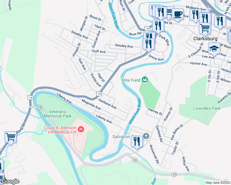 map of restaurants, bars, coffee shops, grocery stores, and more near 529 Charter Saint Exd in Clarksburg