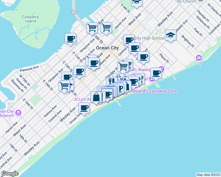 map of restaurants, bars, coffee shops, grocery stores, and more near 719 East 11th Street in Ocean City
