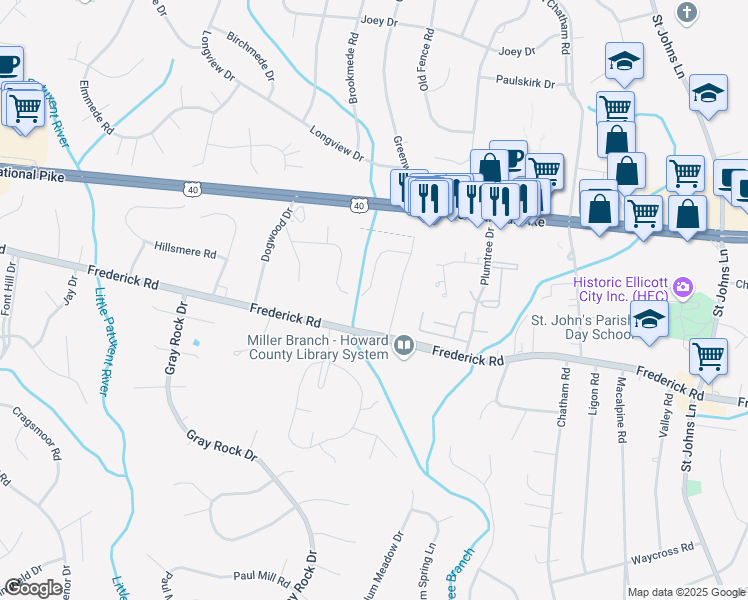 map of restaurants, bars, coffee shops, grocery stores, and more near 3457 Nanmark Court in Ellicott City