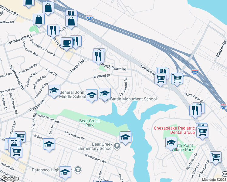 map of restaurants, bars, coffee shops, grocery stores, and more near 7701 Charlesmont Road in Dundalk