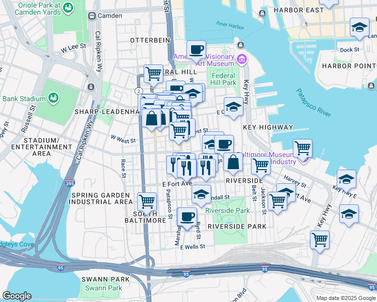 map of restaurants, bars, coffee shops, grocery stores, and more near 105 Pilgrim Landing in Baltimore