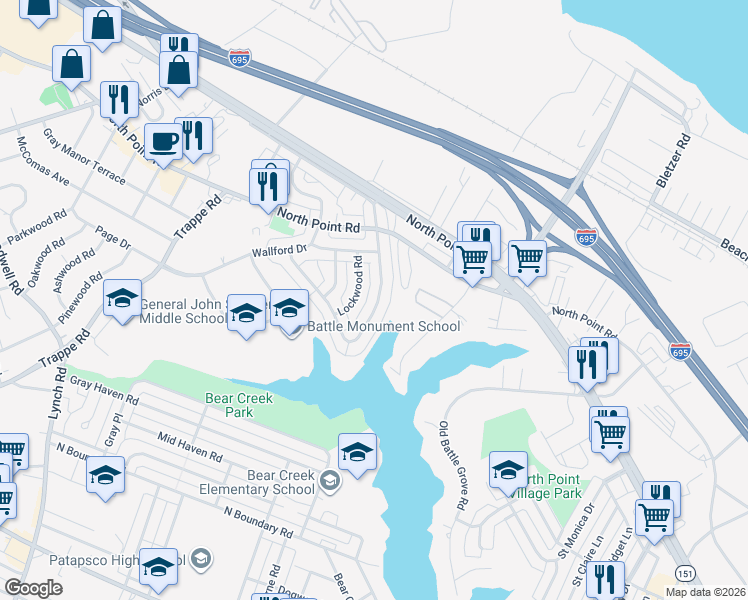 map of restaurants, bars, coffee shops, grocery stores, and more near 7848 Charlesmont Road in Dundalk