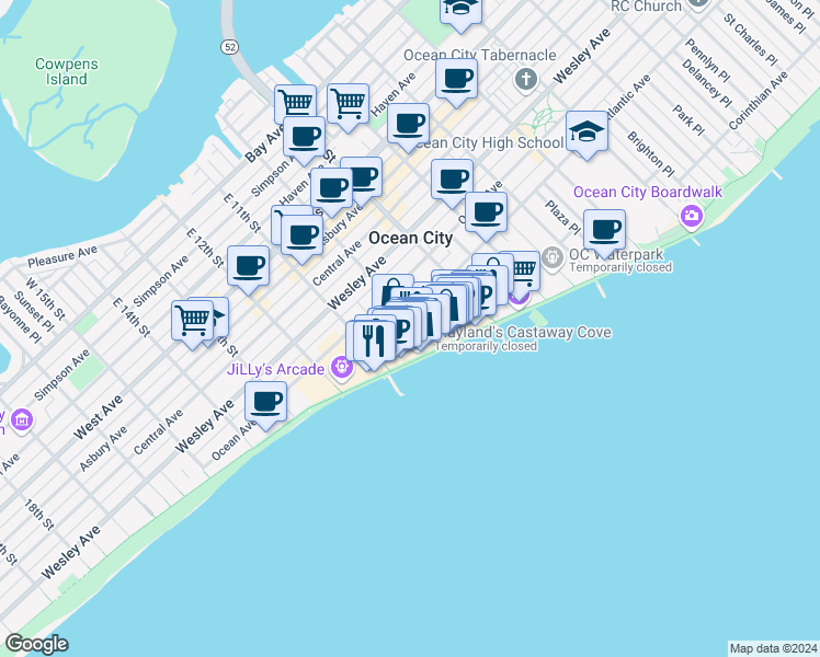 map of restaurants, bars, coffee shops, grocery stores, and more near 1000 Boardwalk in Ocean City