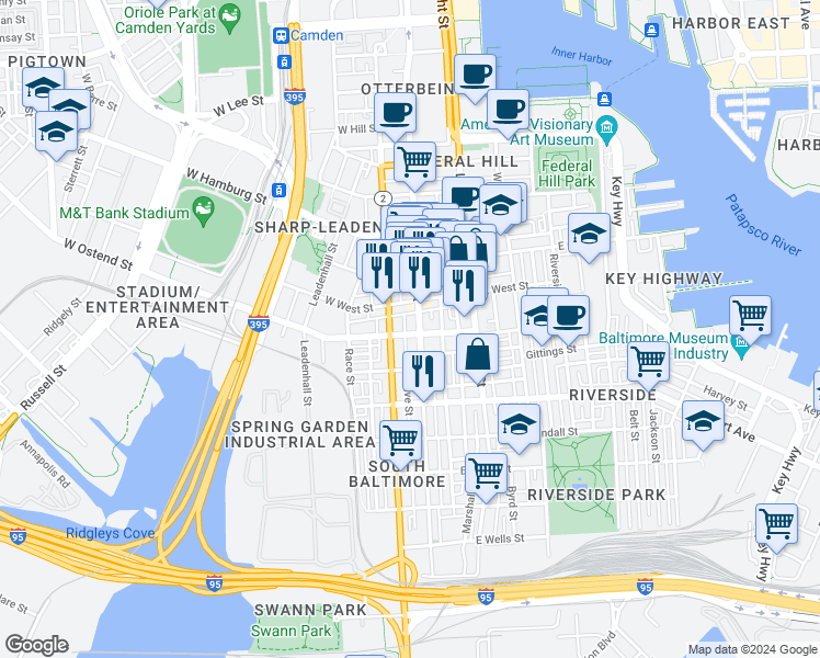 map of restaurants, bars, coffee shops, grocery stores, and more near 2 West Ostend Street in Baltimore