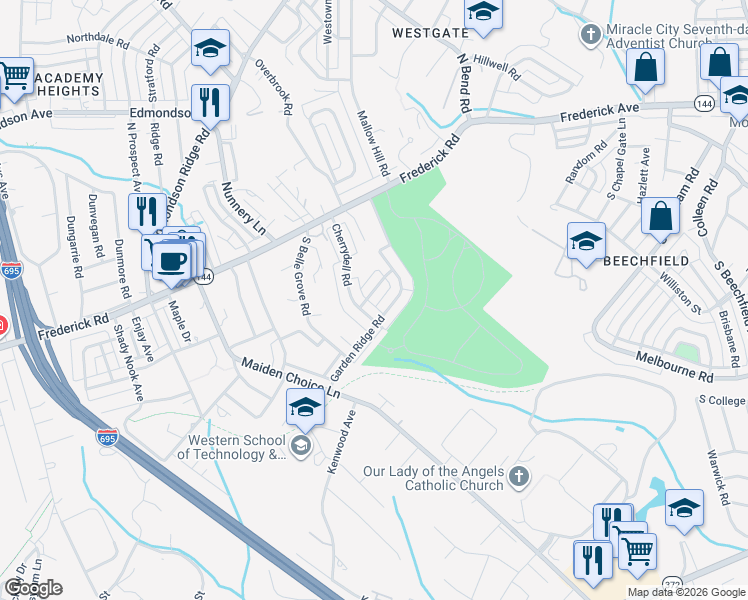 map of restaurants, bars, coffee shops, grocery stores, and more near 6125 Mount Ridge Road in Catonsville