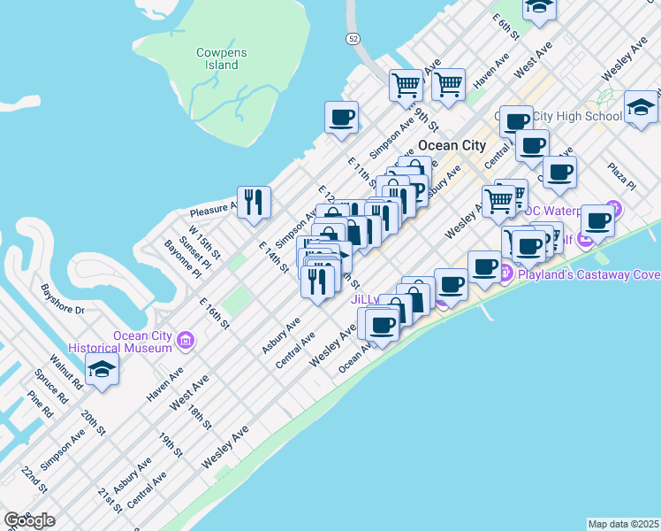 map of restaurants, bars, coffee shops, grocery stores, and more near 1325 West Avenue in Ocean City