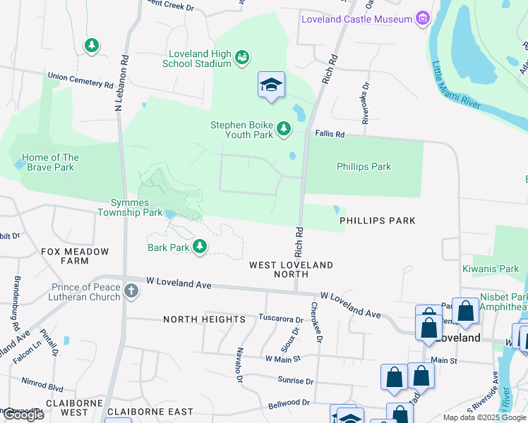 map of restaurants, bars, coffee shops, grocery stores, and more near 11631 Windy Hill Court in Loveland
