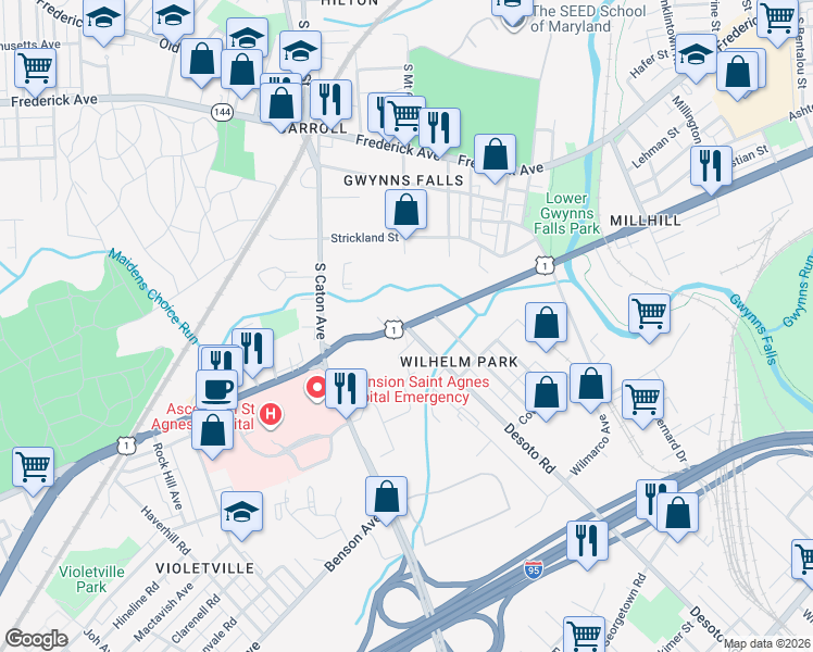 map of restaurants, bars, coffee shops, grocery stores, and more near Wilkens Avenue & Desoto Road in Baltimore