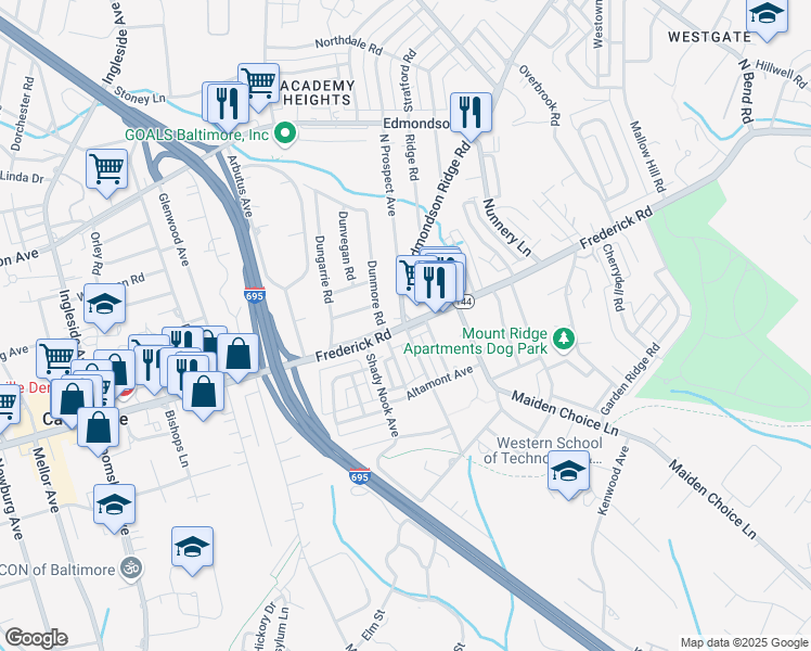 map of restaurants, bars, coffee shops, grocery stores, and more near Frederick Ave & S Prospect Ave in Catonsville