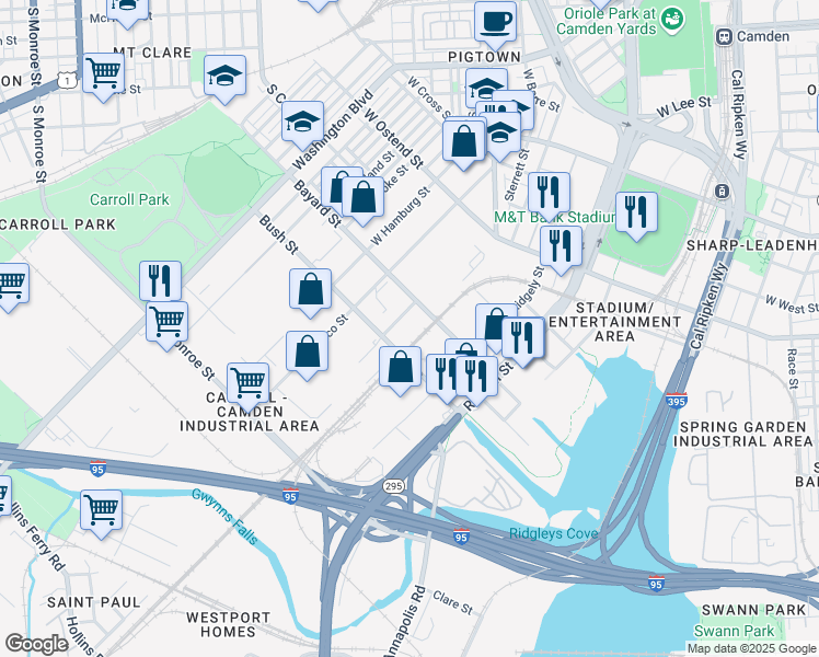 map of restaurants, bars, coffee shops, grocery stores, and more near 1700 Bayard Street in Baltimore