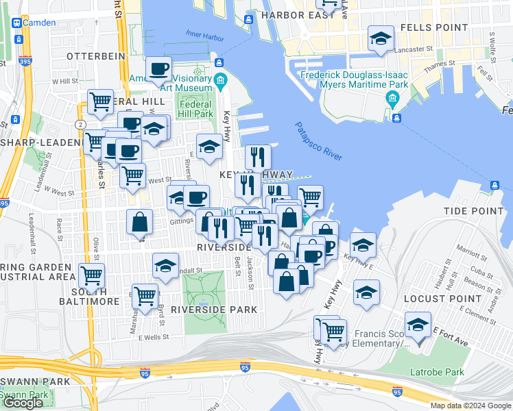 map of restaurants, bars, coffee shops, grocery stores, and more near Key Hwy & Harborview Dr in Baltimore