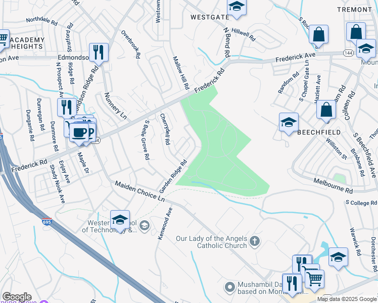 map of restaurants, bars, coffee shops, grocery stores, and more near 124 Garden Ridge Road in Catonsville