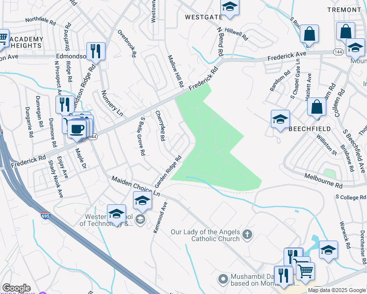 map of restaurants, bars, coffee shops, grocery stores, and more near 124 Garden Ridge Road in Catonsville