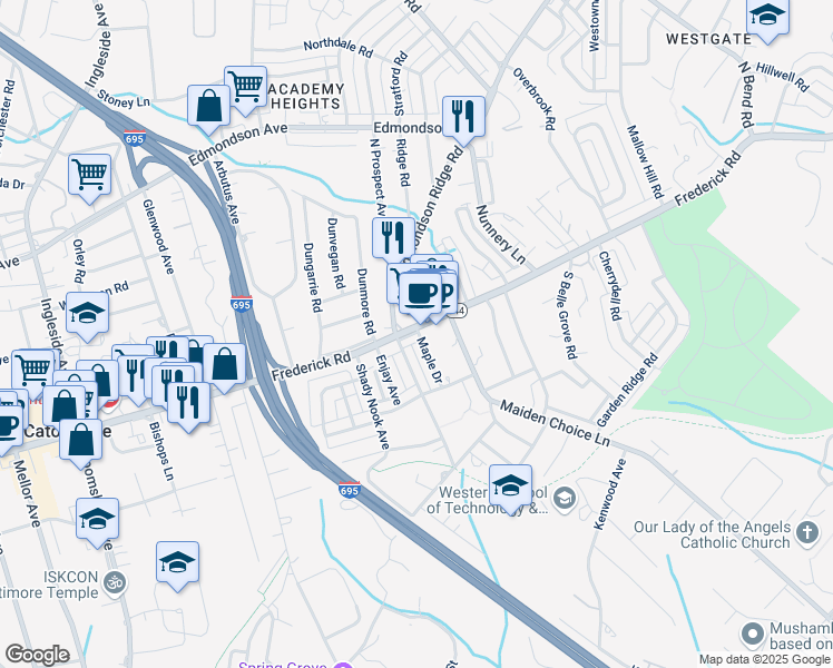 map of restaurants, bars, coffee shops, grocery stores, and more near 10 Maple Drive in Catonsville