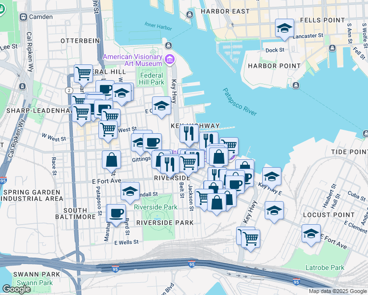 map of restaurants, bars, coffee shops, grocery stores, and more near 1308 Jackson Street in Baltimore