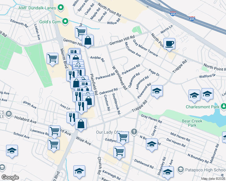 map of restaurants, bars, coffee shops, grocery stores, and more near 2703 Southbrook Road in Dundalk