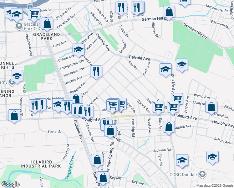 map of restaurants, bars, coffee shops, grocery stores, and more near 1914 Snyder Avenue in Dundalk
