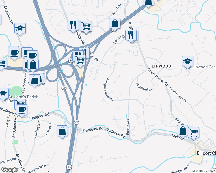map of restaurants, bars, coffee shops, grocery stores, and more near 3400 Orange Grove Court in Ellicott City