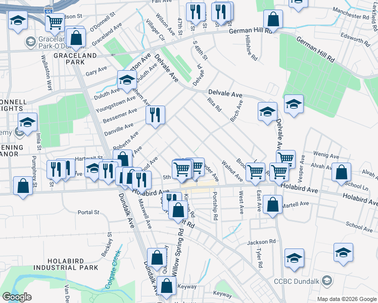 map of restaurants, bars, coffee shops, grocery stores, and more near 1914 Snyder Avenue in Dundalk