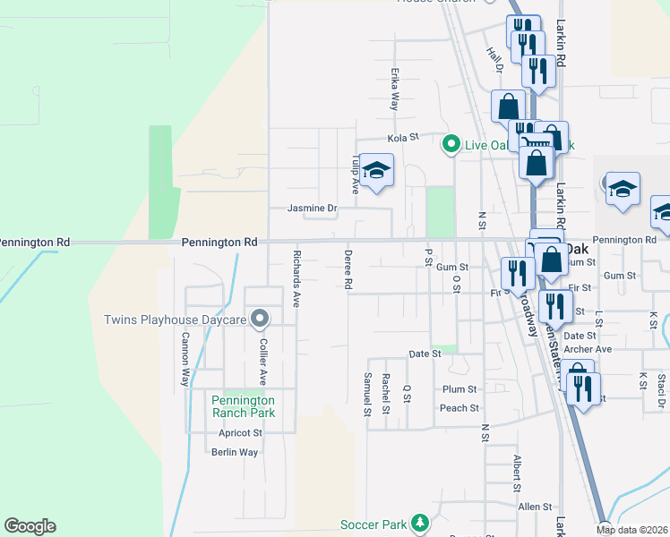 map of restaurants, bars, coffee shops, grocery stores, and more near 9886 Dee Ree Road in Live Oak