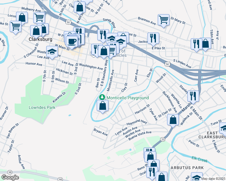 map of restaurants, bars, coffee shops, grocery stores, and more near 129 Flynn Street in Clarksburg