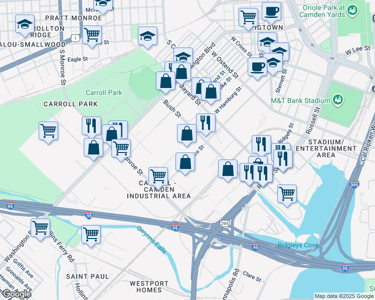 map of restaurants, bars, coffee shops, grocery stores, and more near 1500 Bush Street in Baltimore