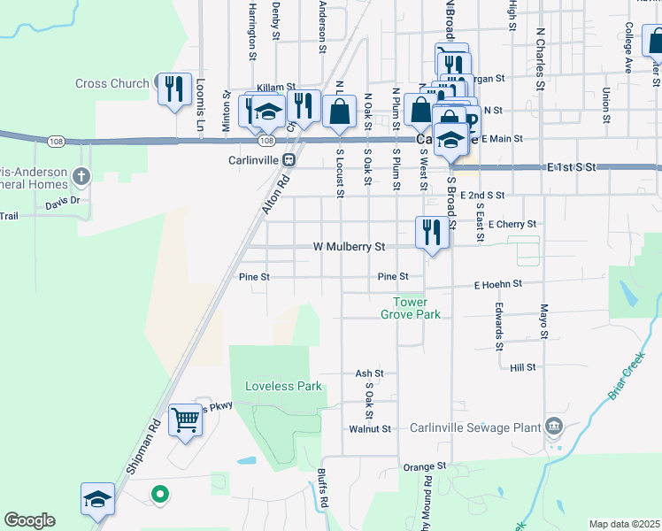 map of restaurants, bars, coffee shops, grocery stores, and more near 602 South Locust Street in Carlinville