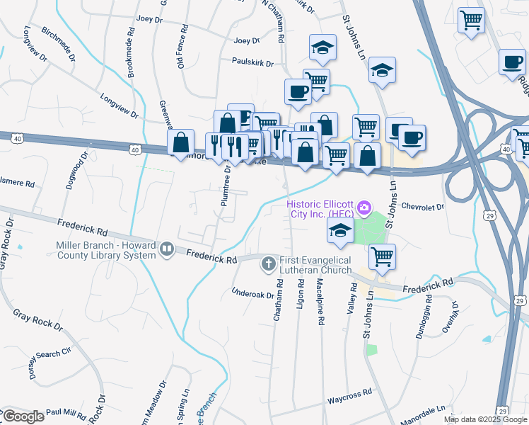 map of restaurants, bars, coffee shops, grocery stores, and more near 3472 North Chatham Road in Ellicott City