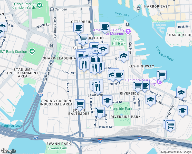 map of restaurants, bars, coffee shops, grocery stores, and more near 1238 Light Street in Baltimore