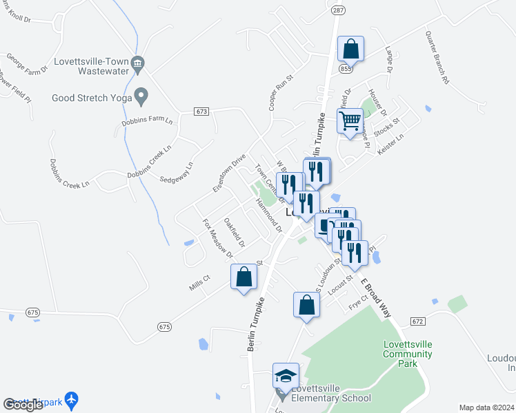 map of restaurants, bars, coffee shops, grocery stores, and more near 21 Hammond Drive in Lovettsville