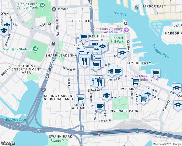 map of restaurants, bars, coffee shops, grocery stores, and more near 28 East Ostend Street in Baltimore