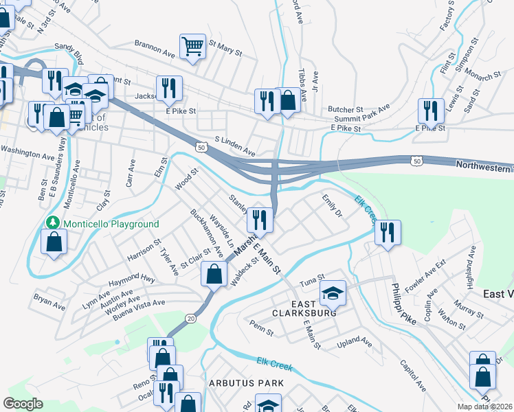 map of restaurants, bars, coffee shops, grocery stores, and more near 603 Stanley Avenue in Clarksburg
