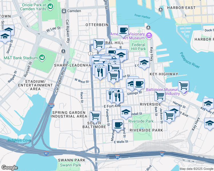 map of restaurants, bars, coffee shops, grocery stores, and more near 28 East Ostend Street in Baltimore
