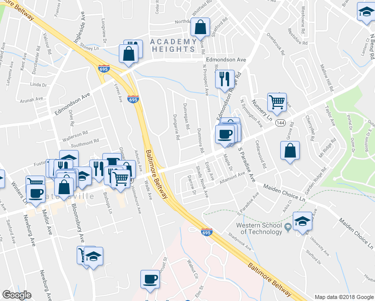 map of restaurants, bars, coffee shops, grocery stores, and more near 6609 Rannoch Drive in Catonsville